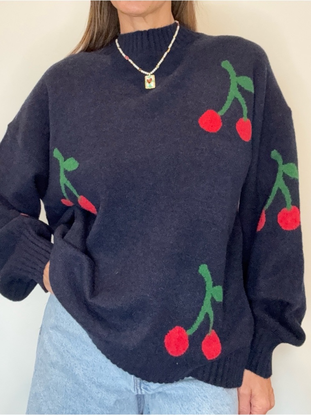 By Together Navy Cherry-Print Crewneck Sweater